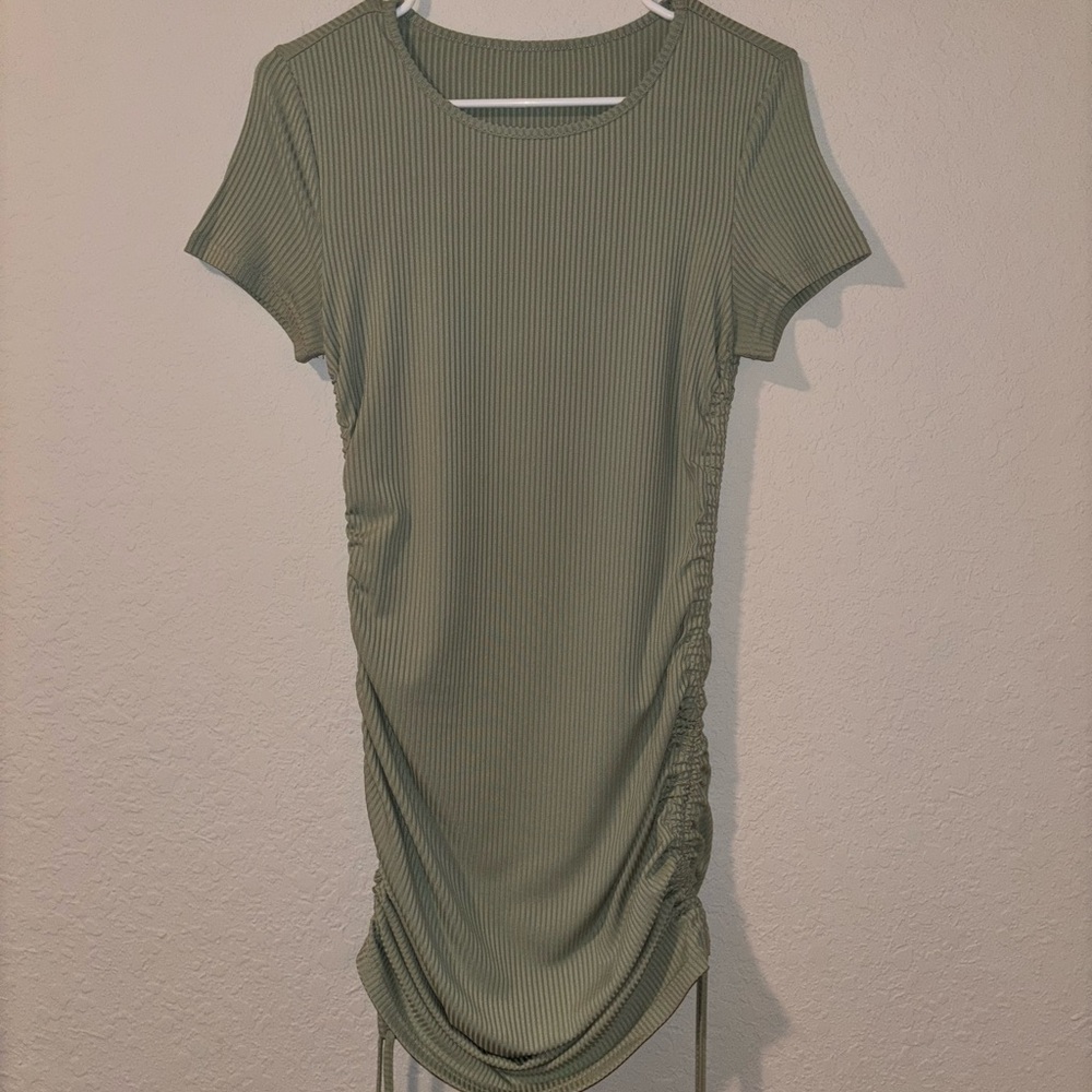 Olive Green Ribbed Ruched Bodycon Mini Dress - Picture 4 of 4